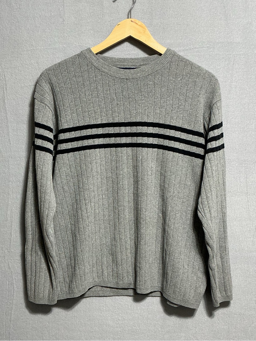 Salty Dog Men’s L Gray Ribbed Cotton Sweater Black Stripe Crewneck